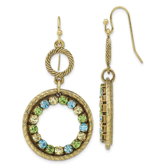 Fashion 1928 Jewelry Brass-Tone Textured Frame Blue Green And Light Colorado Crystal Double Circle Dangle Earrings