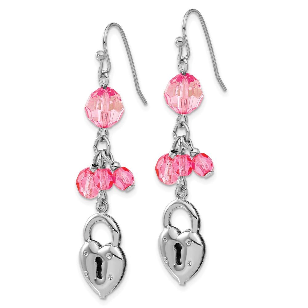 Fashion 1928 Silver-Tone Pink Glass Bead Heart Lock Dangle Earrings