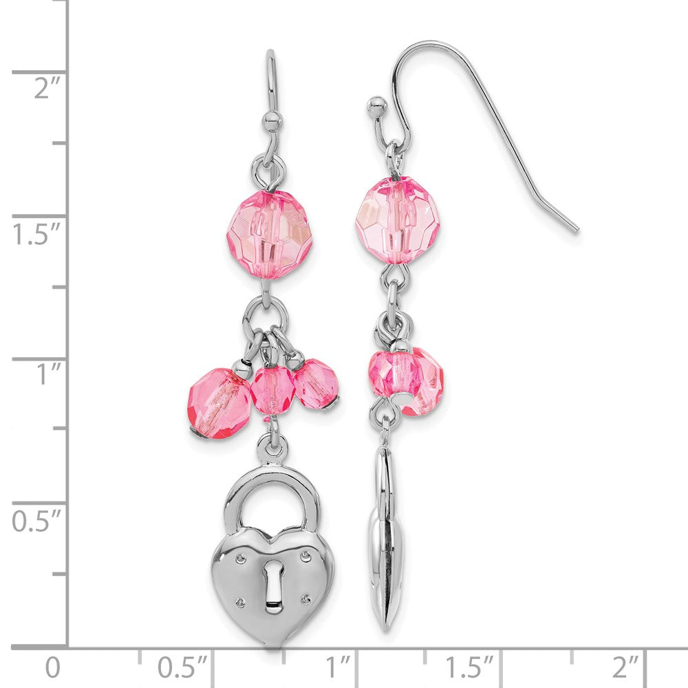 Fashion 1928 Silver-Tone Pink Glass Bead Heart Lock Dangle Earrings