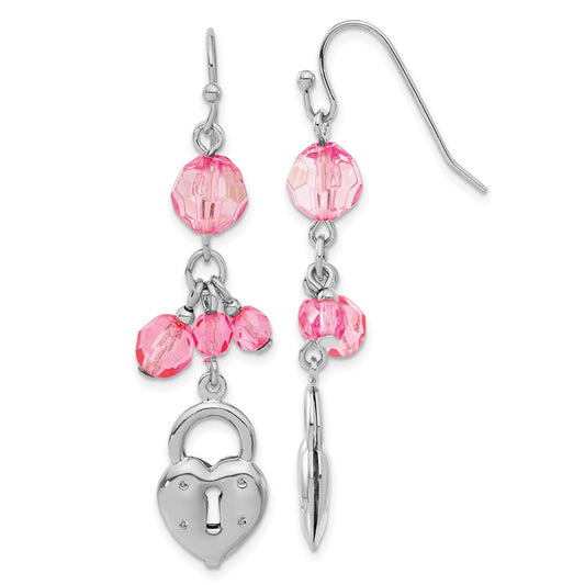 Fashion 1928 Silver-Tone Pink Glass Bead Heart Lock Dangle Earrings