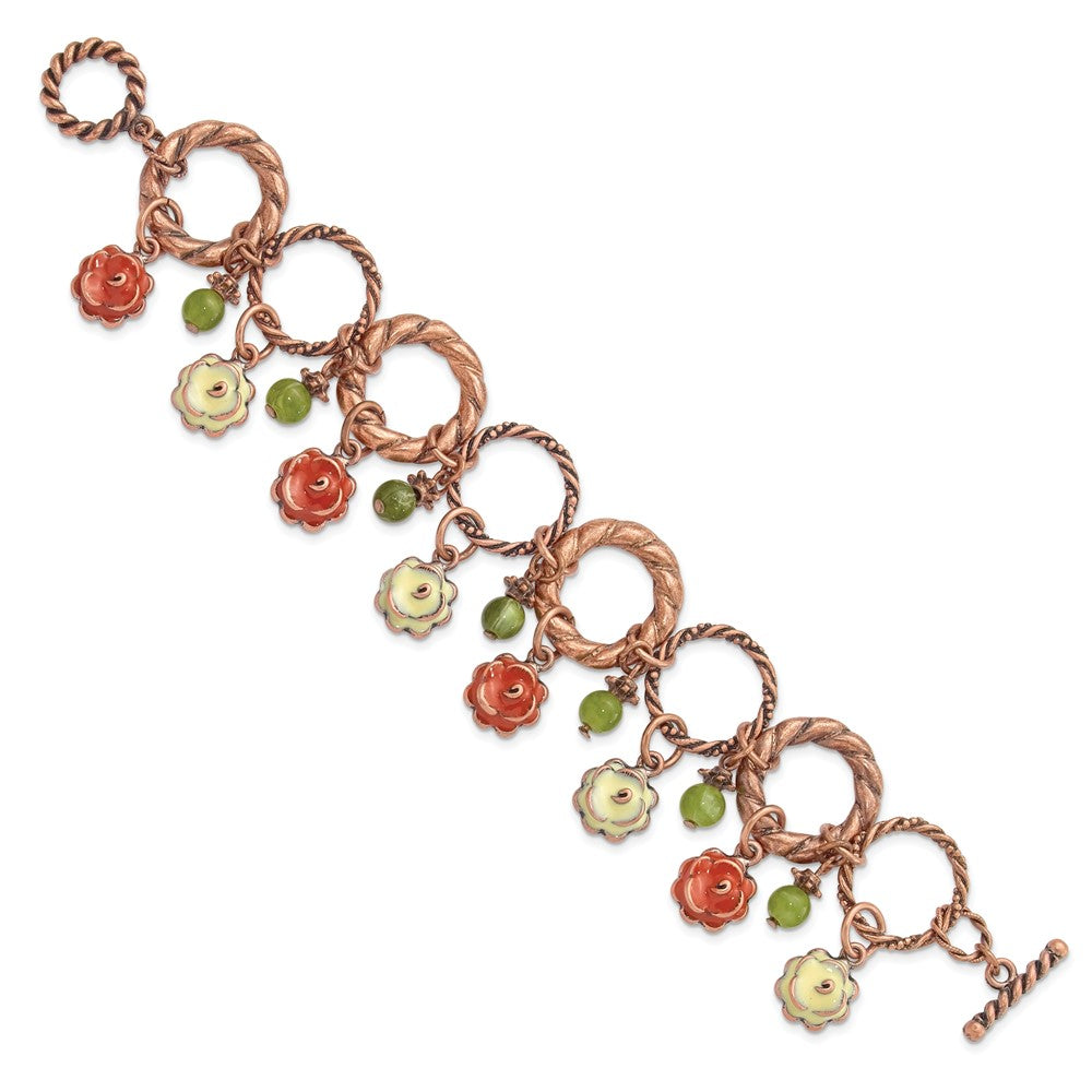 Fashion 1928 Jewelry Copper-Tone Textured Link Orange And Light Green Enamel Flower Acrylic Bead Dangles 7 Inch Toggle Bracelet