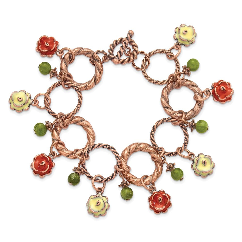 Fashion 1928 Jewelry Copper-Tone Textured Link Orange And Light Green Enamel Flower Acrylic Bead Dangles 7 Inch Toggle Bracelet