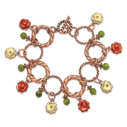 Fashion 1928 Jewelry Copper-Tone Textured Link Orange And Light Green Enamel Flower Acrylic Bead Dangles 7 Inch Toggle Bracelet