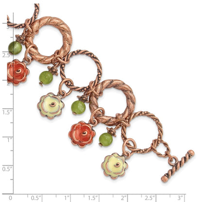 Fashion 1928 Jewelry Copper-Tone Textured Link Orange And Light Green Enamel Flower Acrylic Bead Dangles 7 Inch Toggle Bracelet