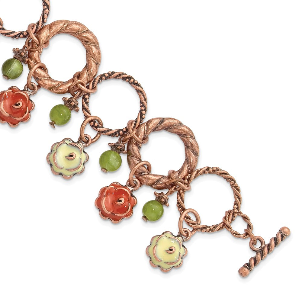Fashion 1928 Jewelry Copper-Tone Textured Link Orange And Light Green Enamel Flower Acrylic Bead Dangles 7 Inch Toggle Bracelet