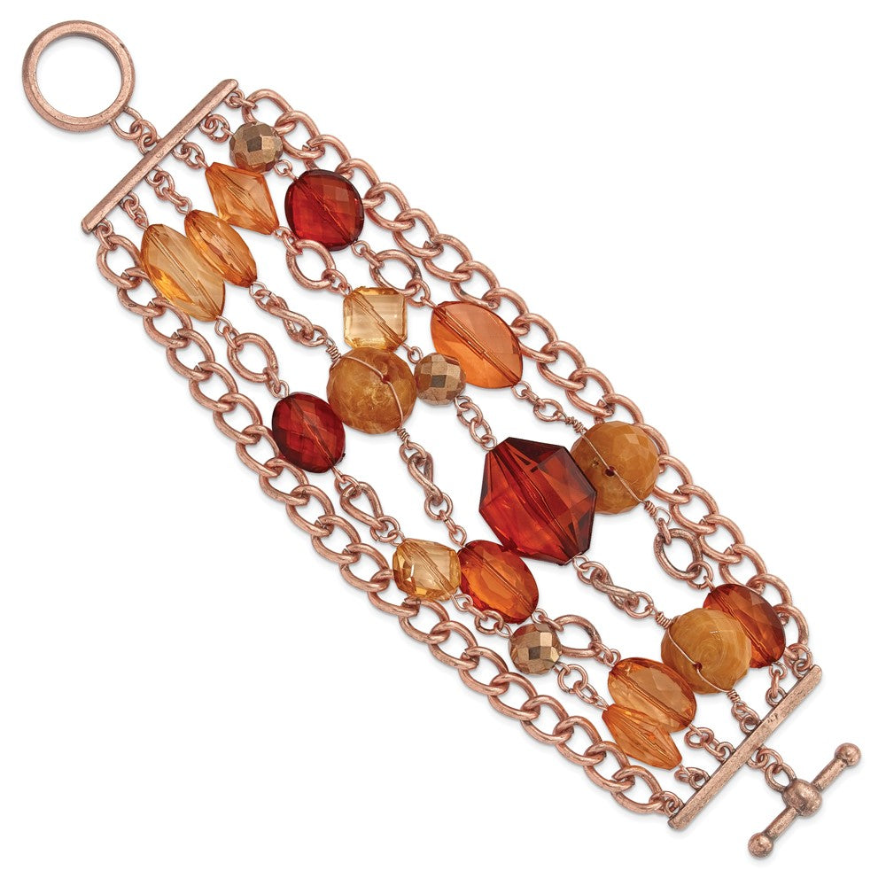 7.25 Inch 1928 Jewelry Copper-Tone Link And Multicolored Brownand Orange Faceted Acrylic Beads Wide Six Row 8 Toggle Bracelet