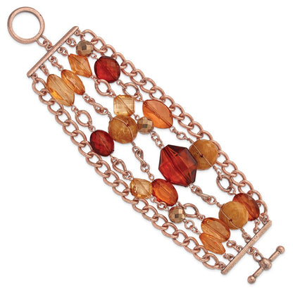 7.25 Inch 1928 Jewelry Copper-Tone Link And Multicolored Brownand Orange Faceted Acrylic Beads Wide Six Row 8 Toggle Bracelet