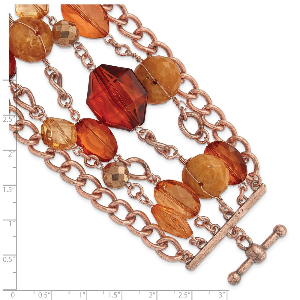 7.25 Inch 1928 Jewelry Copper-Tone Link And Multicolored Brownand Orange Faceted Acrylic Beads Wide Six Row 8 Toggle Bracelet