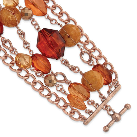 7.25 Inch 1928 Jewelry Copper-Tone Link And Multicolored Brownand Orange Faceted Acrylic Beads Wide Six Row 8 Toggle Bracelet