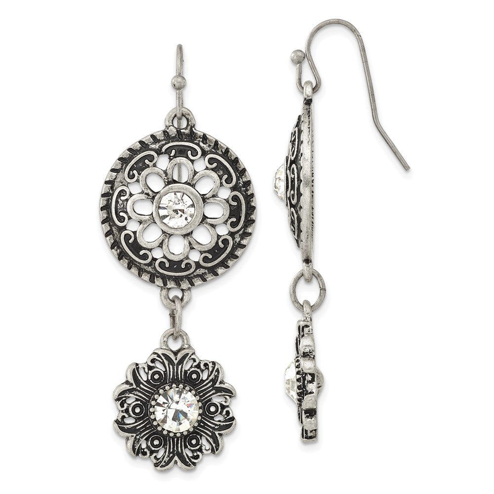 Fashion 1928 Jewelry Silver-Tone Sunburst With Clear Glass Centers Floral Dangle Earrings