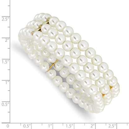 7 Inch 1928 Jewelry Gold-Tone 6mm Ivory Cultura Imitation Pearl 3 Row Stretch Bracelet