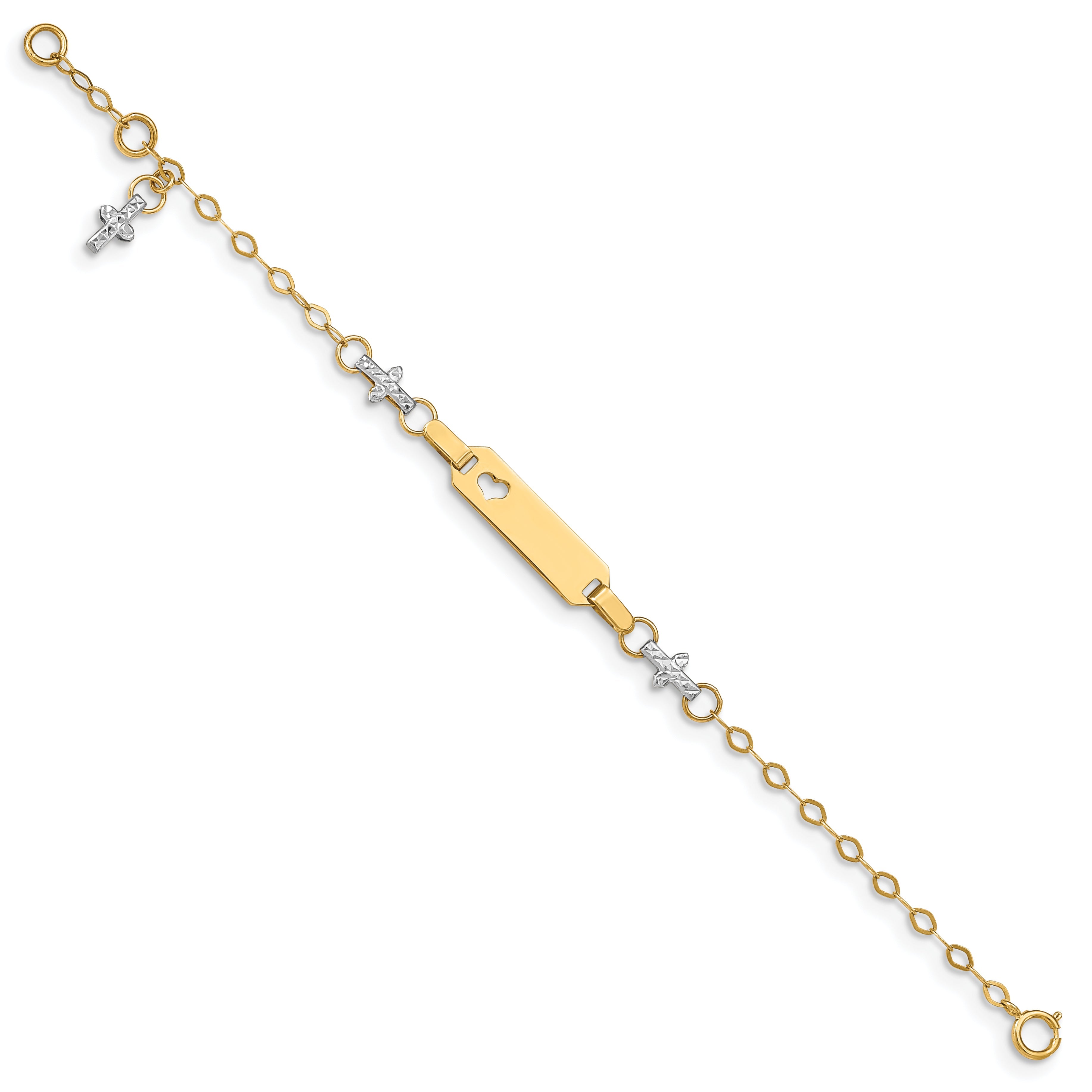 4.5 Inch 14K Two-Tone Baby Polished And Textured Cross W/1In Ext. Id Bracelet