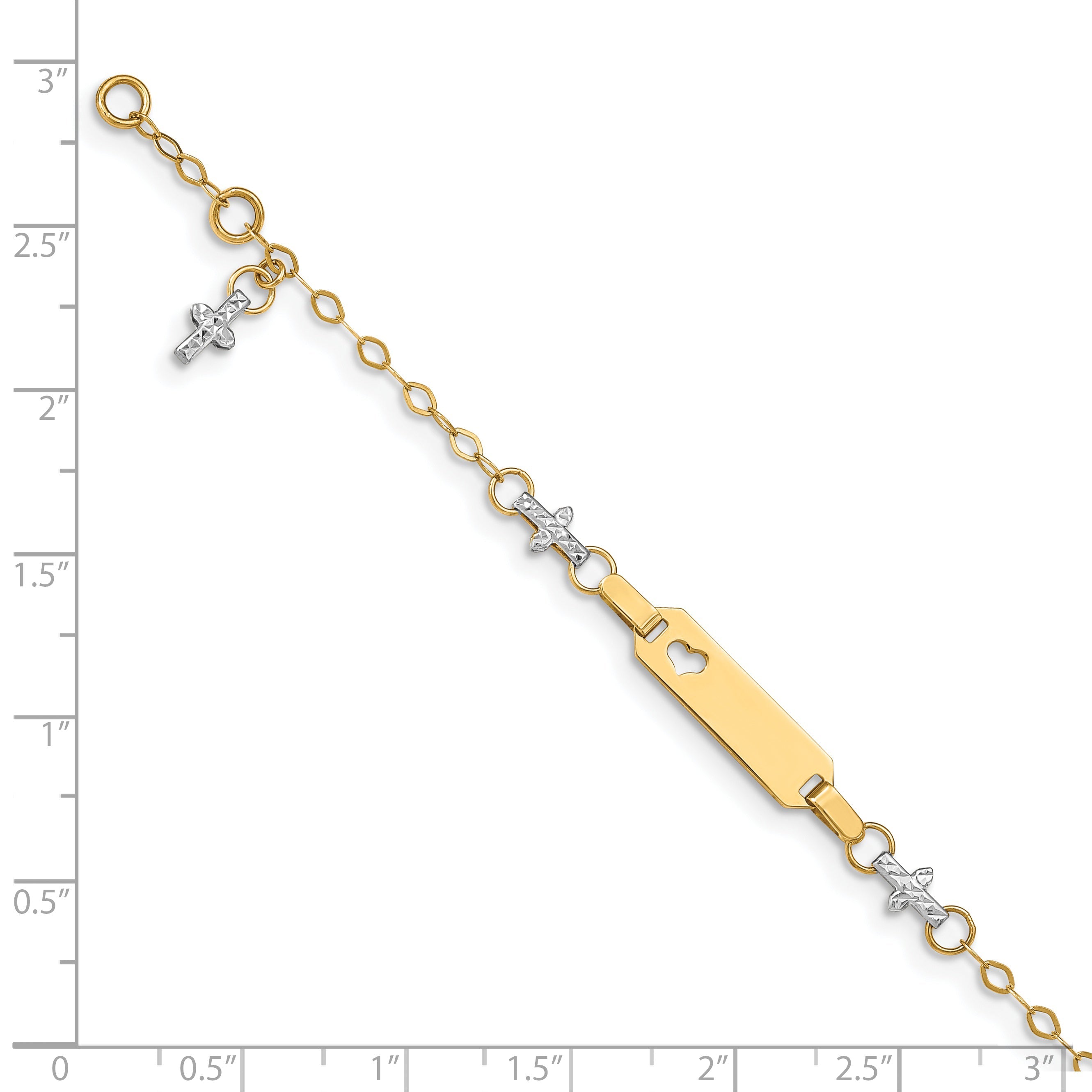 4.5 Inch 14K Two-Tone Baby Polished And Textured Cross W/1In Ext. Id Bracelet