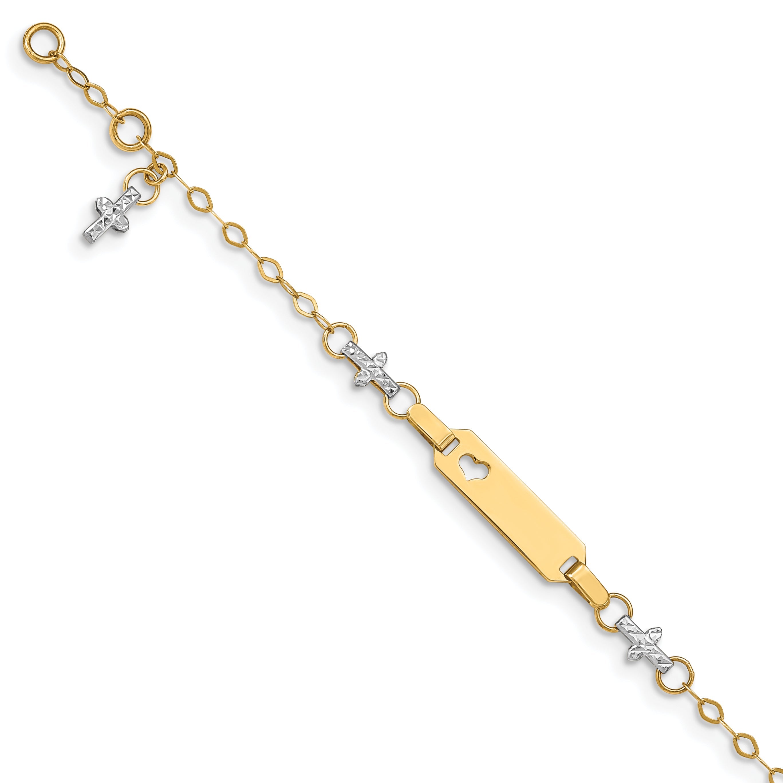 4.5 Inch 14K Two-Tone Baby Polished And Textured Cross W/1In Ext. Id Bracelet