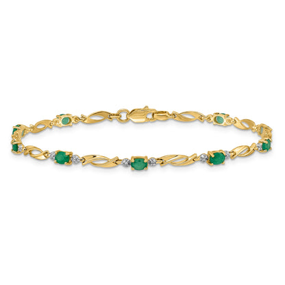 10K Yellow Gold Diamond And Oval Emerald Bracelet