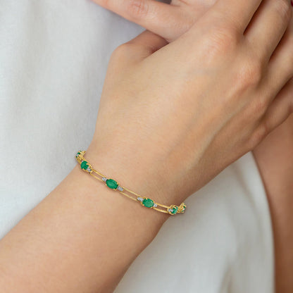 10K Yellow Gold Diamond And Oval Emerald Bracelet