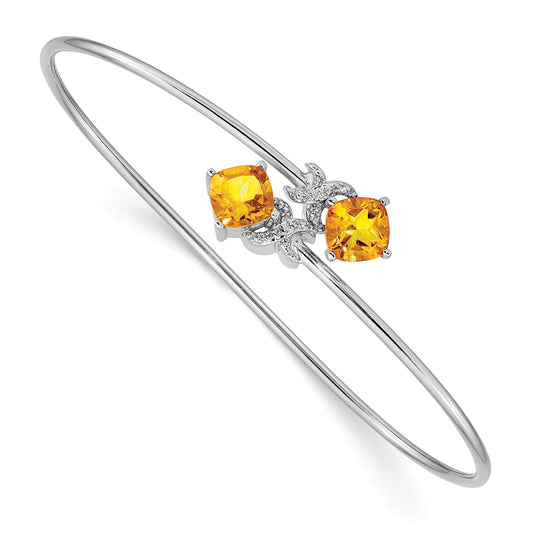 14K White Gold .03Ct Diamond And Citrine Flexible Bangle