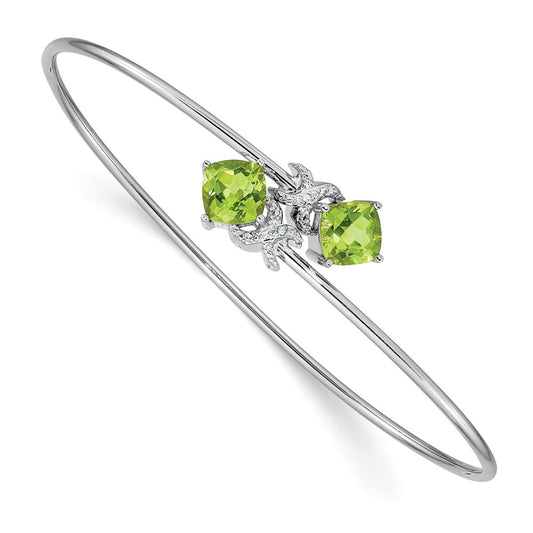 14K White Gold Complete Cushion Cut Peridot And .03 Carat Diamond Flexible Bangle Bracelet