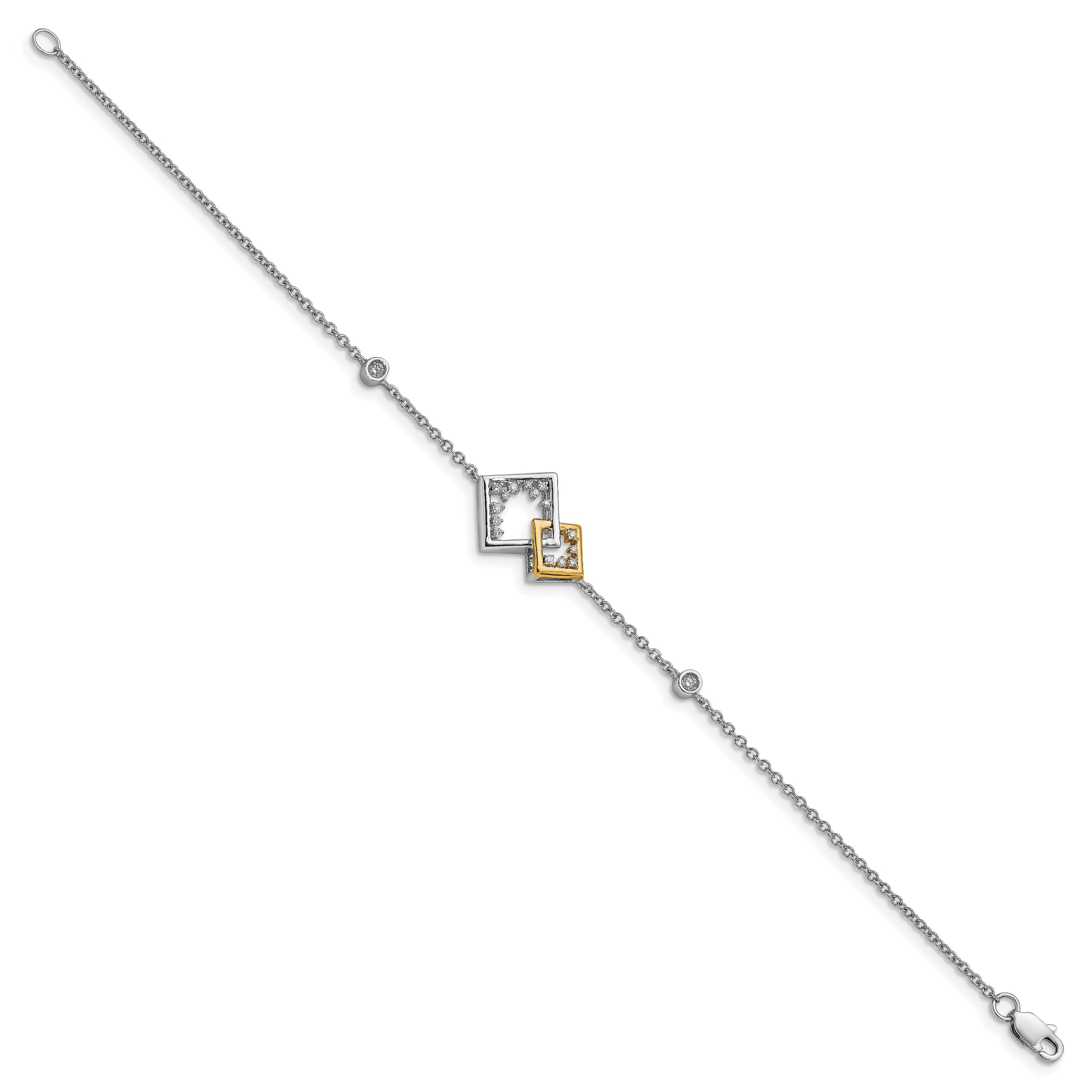 14K Two Tone Polished Double Square Diamond 7In Bracelet