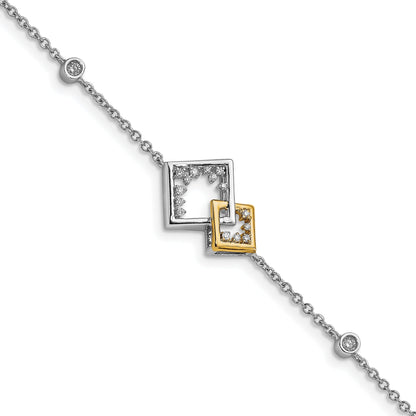 14K Two Tone Polished Double Square Diamond 7In Bracelet