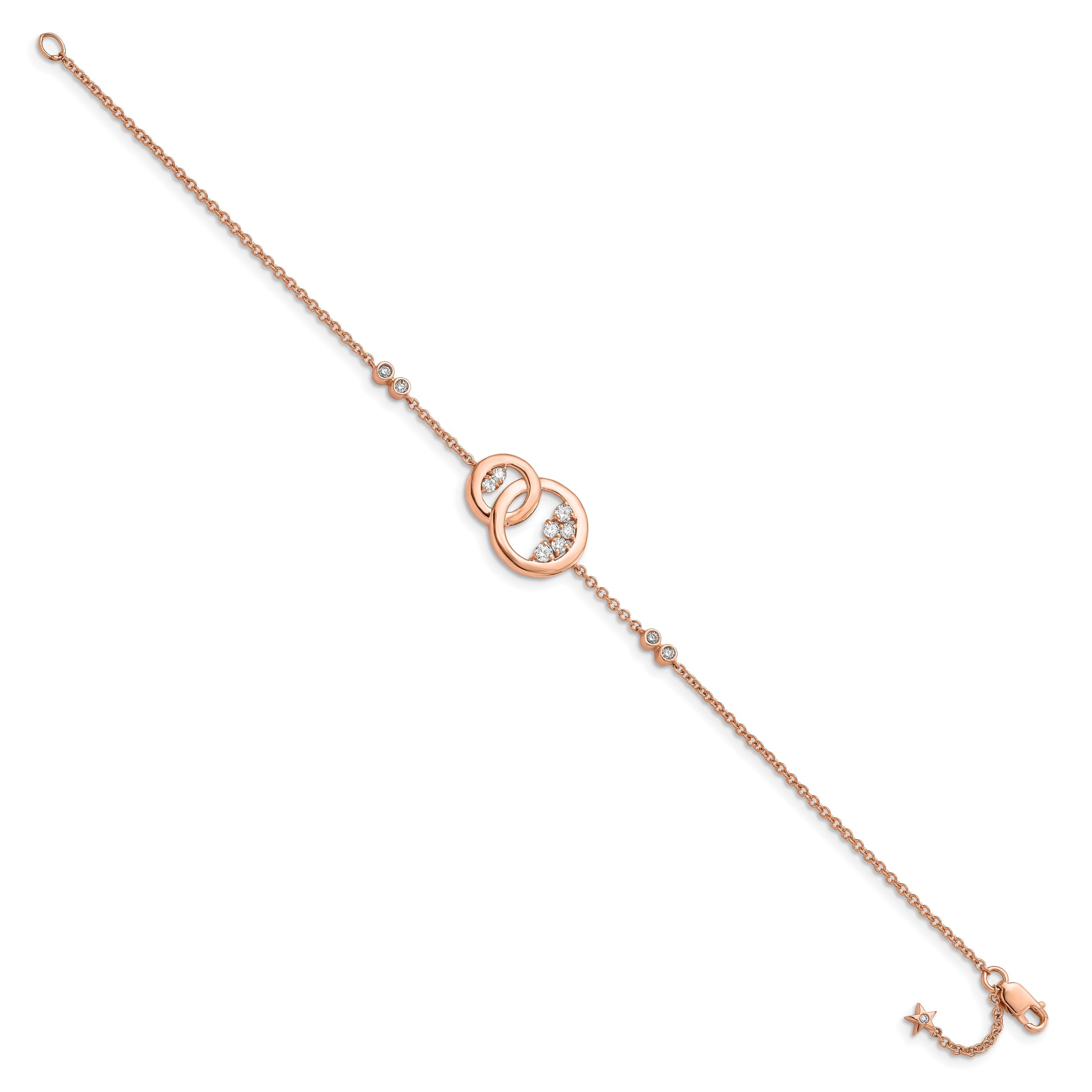 14K Rose Gold Complete 1/3 Carat Diamond Double Circle With Star Dangle 7 Inch Bracelet