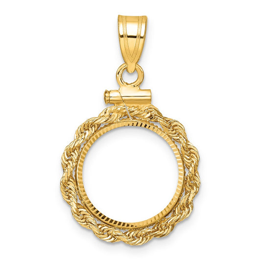 14K Yellow Gold Wideband Distinguished Coin Jewelry Polished Rope And Diamond-Cut 14.0mm X 1.1mm Screw Top Bezel Pendant
