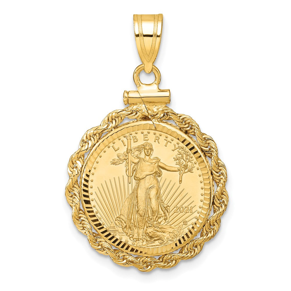 10K Yellow Gold Wideband Distinguished Coin Jewelry Polished Rope And Diamond-Cut Mounted 1/10Oz American Eagle Screw Top Bezel Pendant