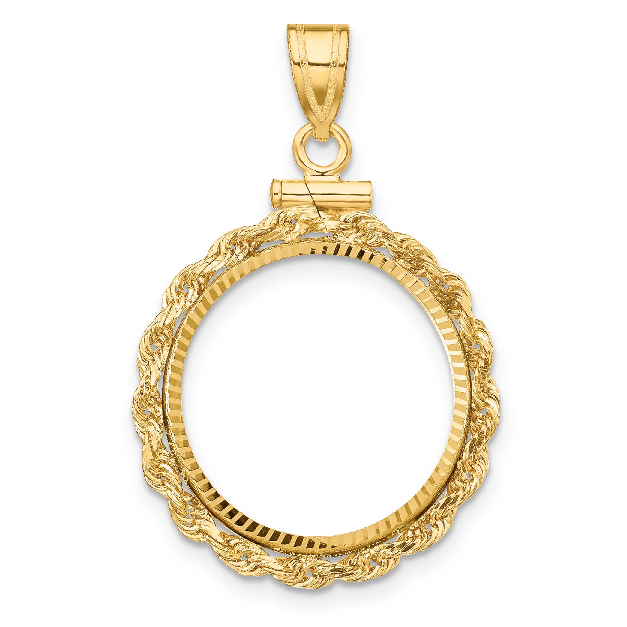 10K Yellow Gold Wideband Distinguished Coin Jewelry Polished Rope And Diamond-Cut 17.8mm X 1.35mm Screw Top Bezel Pendant