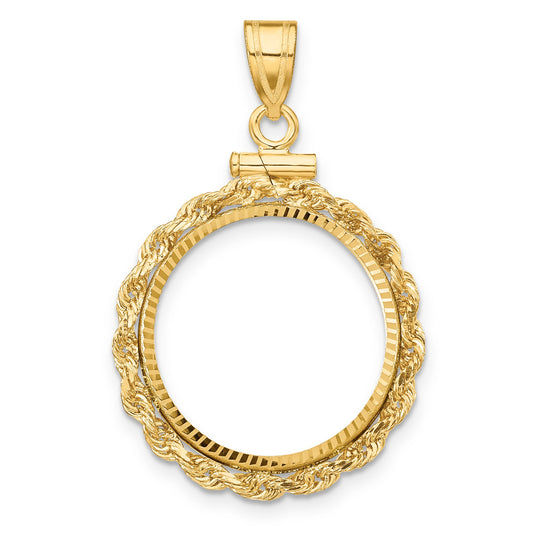 10K Yellow Gold Wideband Distinguished Coin Jewelry Polished Rope And Diamond-Cut 17.8mm X 1.35mm Screw Top Bezel Pendant