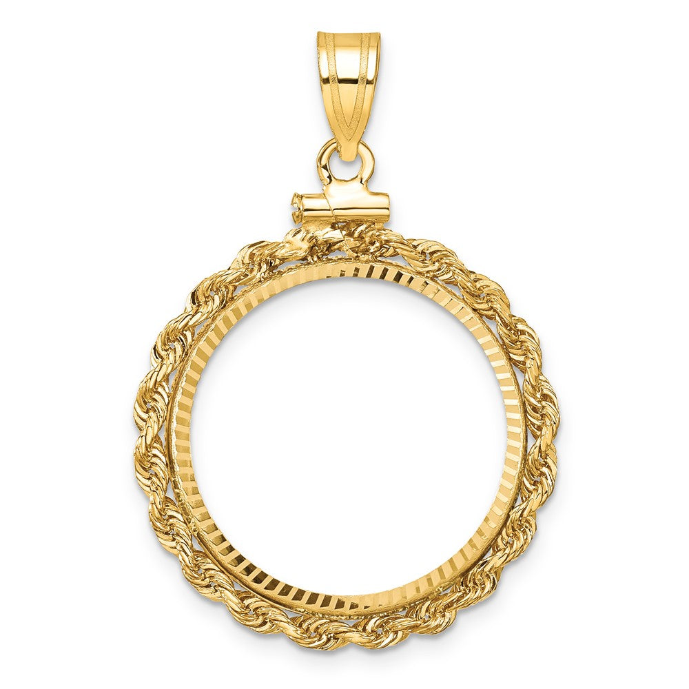 14K Yellow Gold Wideband Distinguished Coin Jewelry Polished Rope And Diamond-Cut 21.6mm X 1.7mm Screw Top Bezel Pendant