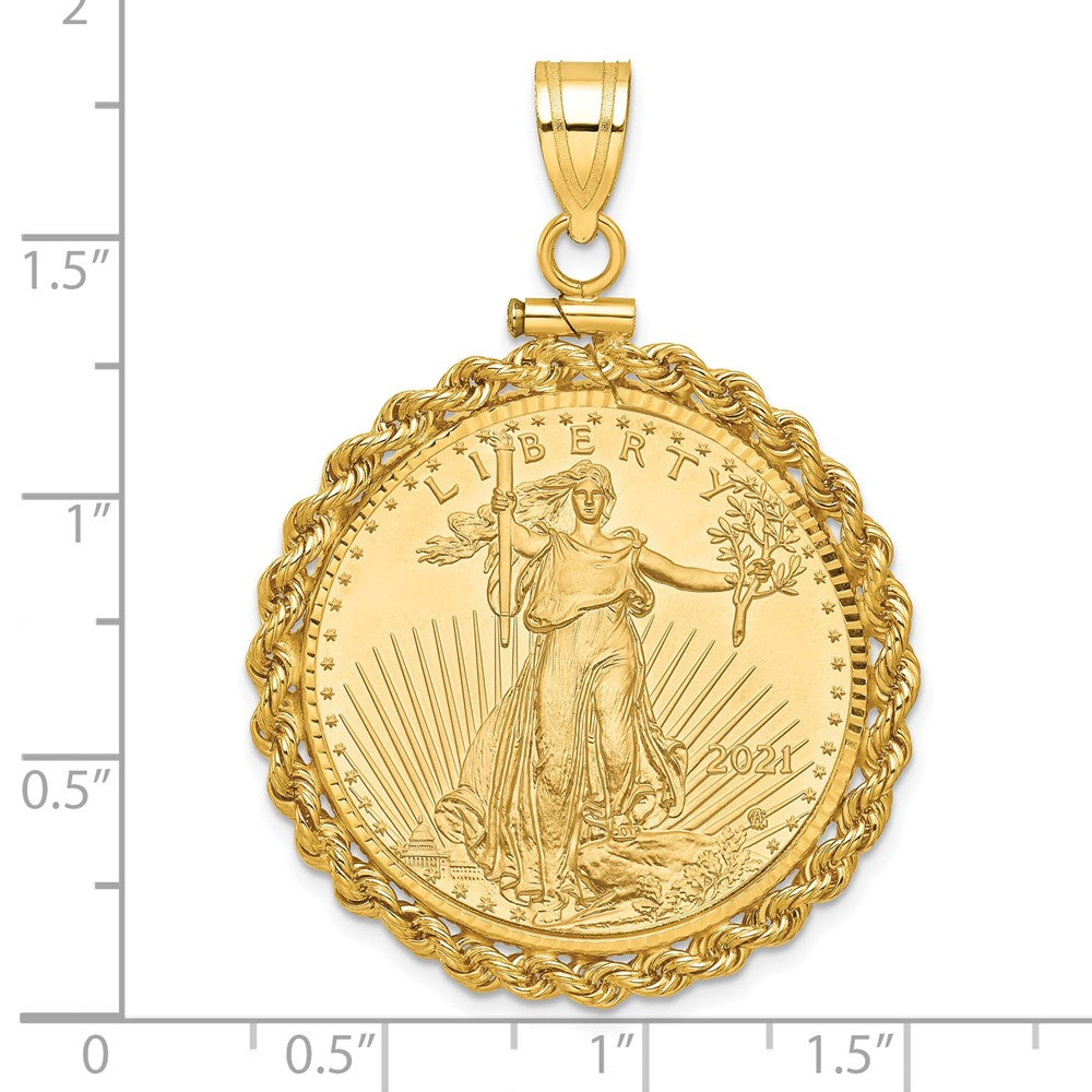 10K Yellow Gold Wideband Distinguished Coin Jewelry Polished Rope And Diamond-Cut Mounted 1/2Oz American Eagle Screw Top Bezel Pendant