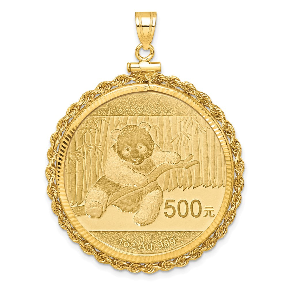 10K Yellow Gold Wideband Distinguished Coin Jewelry Polished Rope And Diamond-Cut Mounted 1Oz Panda Screw Top Bezel Pendant
