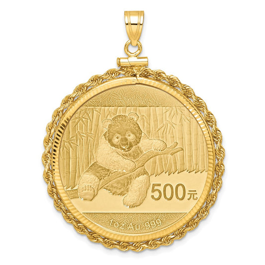 10K Yellow Gold Wideband Distinguished Coin Jewelry Polished Rope And Diamond-Cut Mounted 1Oz Panda Screw Top Bezel Pendant