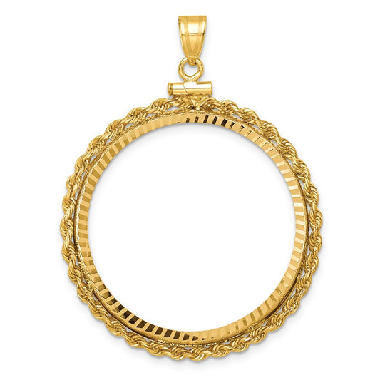14K Yellow Gold Wideband Distinguished Coin Jewelry Polished Rope And Diamond-Cut 32.0mm X 2.85mm Screw Top Bezel Pendant