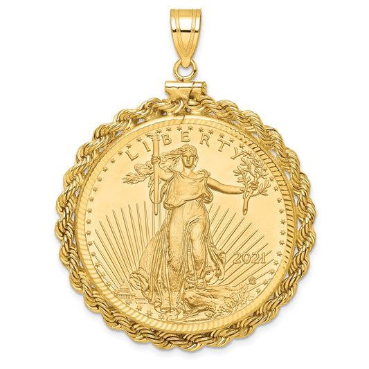 10K Yellow Gold Wideband Distinguished Coin Jewelry Polished Rope And Diamond-Cut Mounted 1Oz American Eagle Screw Top Bezel Pendant