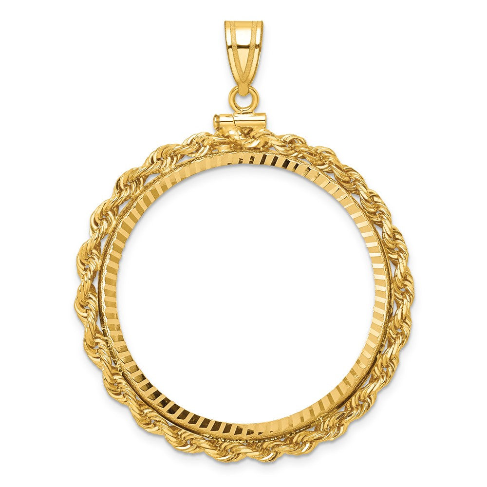 14K Yellow Gold Wideband Distinguished Coin Jewelry Polished Rope And Diamond-Cut 34.2mm X 2.85mm Screw Top Bezel Pendant