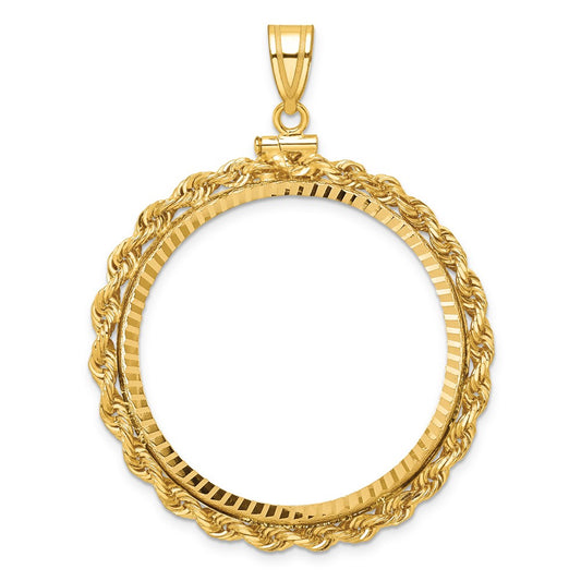 10K Yellow Gold Wideband Distinguished Coin Jewelry Polished Rope And Diamond-Cut 34.2mm X 2.85mm Screw Top Bezel Pendant