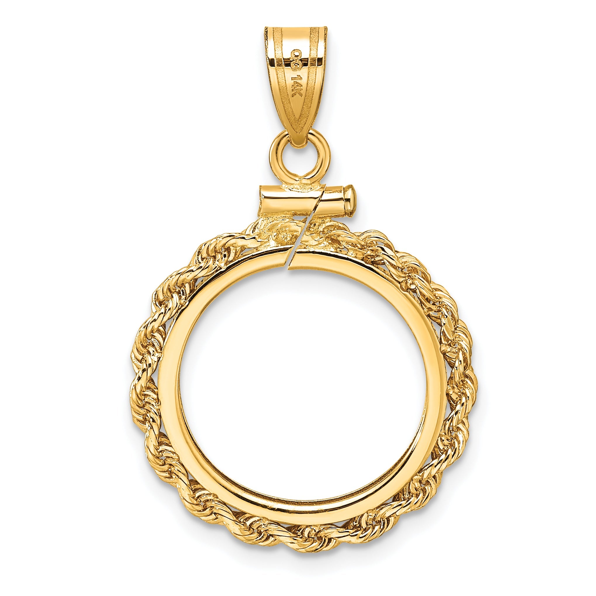 10K Yellow Gold Wideband Distinguished Coin Jewelry Polished Rope 16.5mm X 1.35mm Screw Top Bezel Pendant