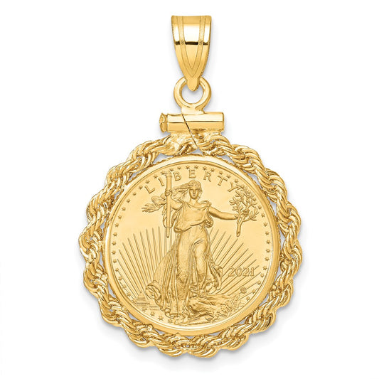10K Yellow Gold Wideband Distinguished Coin Jewelry Polished Rope Mounted 1/10Oz American Eagle Screw Top Bezel Pendant