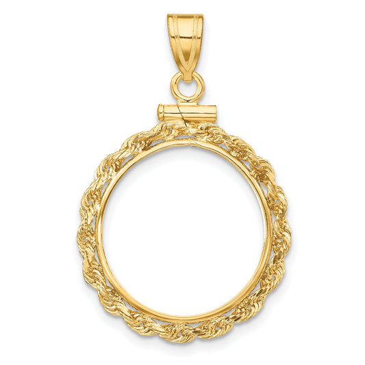 10K Yellow Gold Wideband Distinguished Coin Jewelry Polished Rope 17.8mm X 1.35mm Screw Top Bezel Pendant