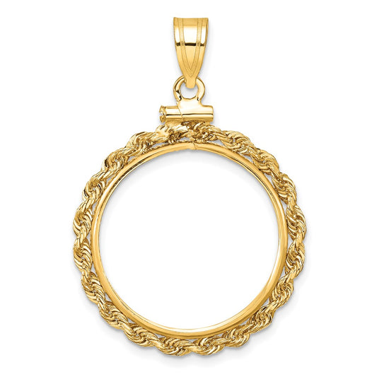 10K Yellow Gold Wideband Distinguished Coin Jewelry Polished Rope 21.6mm X 1.7mm Screw Top Bezel Pendant