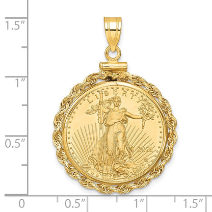 14K Yellow Gold Wideband Distinguished Coin Jewelry Polished Rope Mounted 1/4Oz American Eagle Screw Top Bezel Pendant