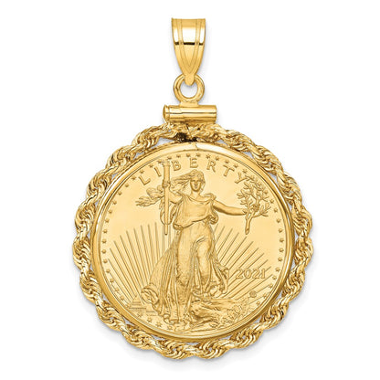 14K Yellow Gold Wideband Distinguished Coin Jewelry Polished Rope Mounted 1/4Oz American Eagle Screw Top Bezel Pendant