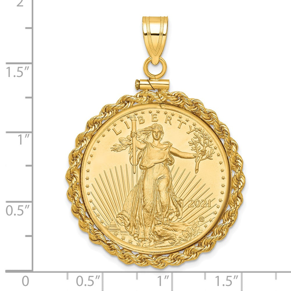 14K Yellow Gold Wideband Distinguished Coin Jewelry Polished Rope Mounted 1/2Oz American Eagle Screw Top Bezel Pendant