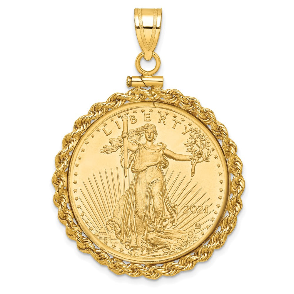 14K Yellow Gold Wideband Distinguished Coin Jewelry Polished Rope Mounted 1/2Oz American Eagle Screw Top Bezel Pendant