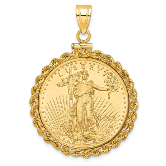 14K Yellow Gold Wideband Distinguished Coin Jewelry Polished Rope Mounted 1/2Oz American Eagle Screw Top Bezel Pendant