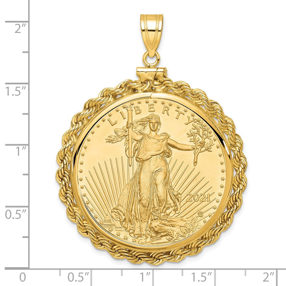 14K Yellow Gold Wideband Distinguished Coin Jewelry Polished Rope Mounted 1Oz American Eagle Screw Top Bezel Pendant