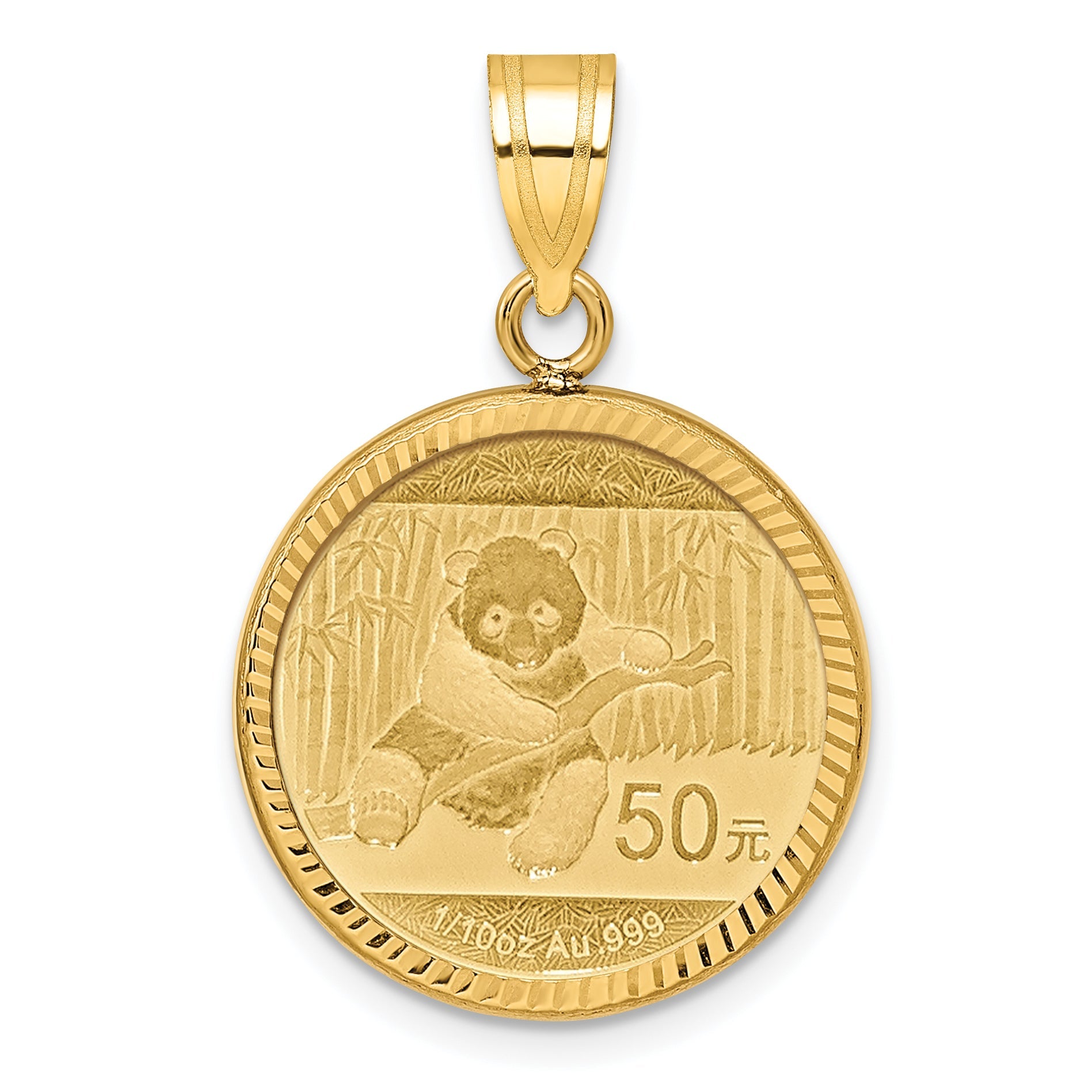 10K Yellow Gold Wideband Distinguished Coin Jewelry Polished And Diamond-Cut Mounted 1/10Oz Panda Prong Bezel Pendant