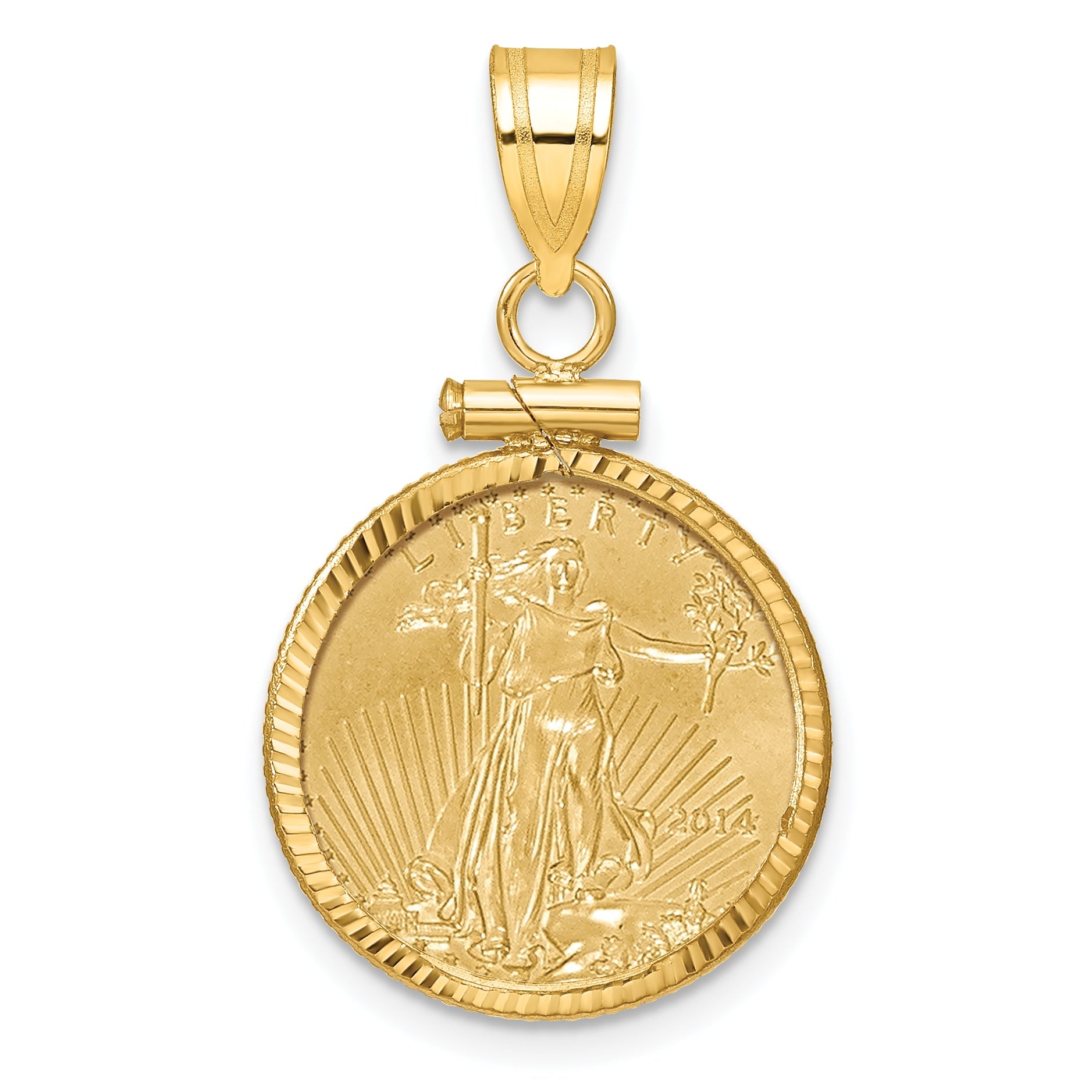 14K Yellow Gold Wideband Distinguished Coin Jewelry 14Ky Diamond-Cut Screw Top Mounted 1/10Oz American Eagle Bezel Pendant