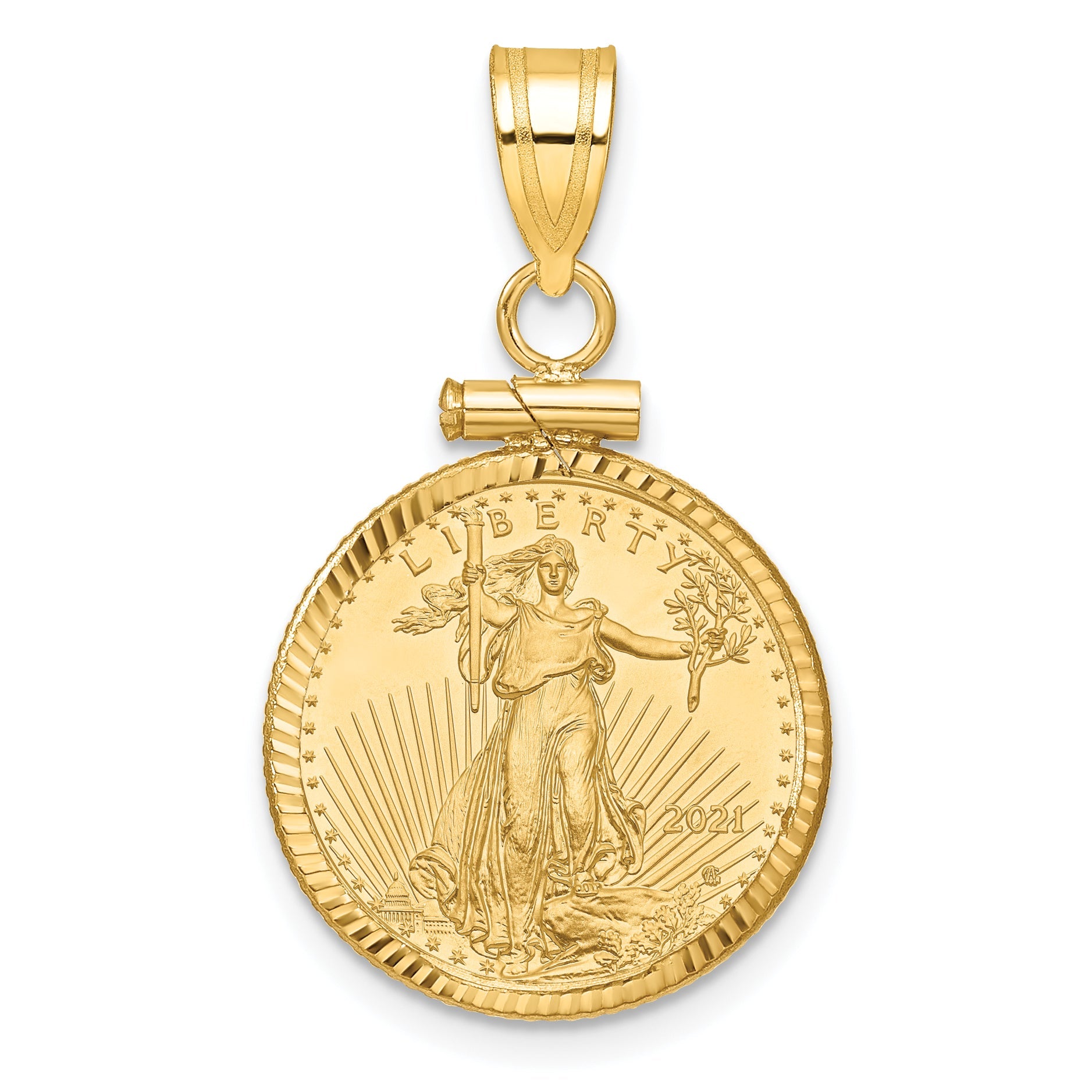 10K Yellow Gold Wideband Distinguished Coin Jewelry Polished And Diamond-Cut Mounted 1/10Oz American Eagle Screw Top Bezel Pendant